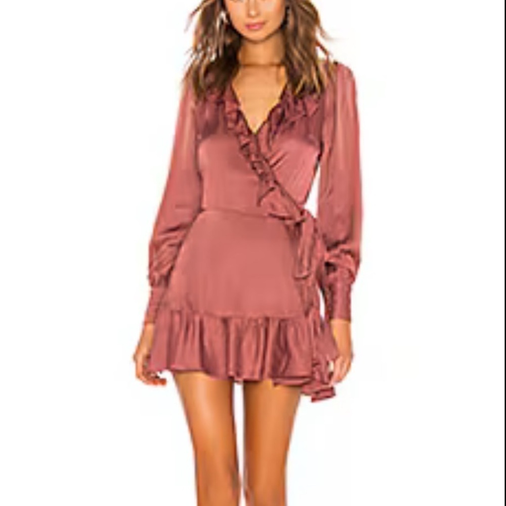 Selkie- Deep Pink Satin Longsleeve Ruffle Wrap Mini Dress